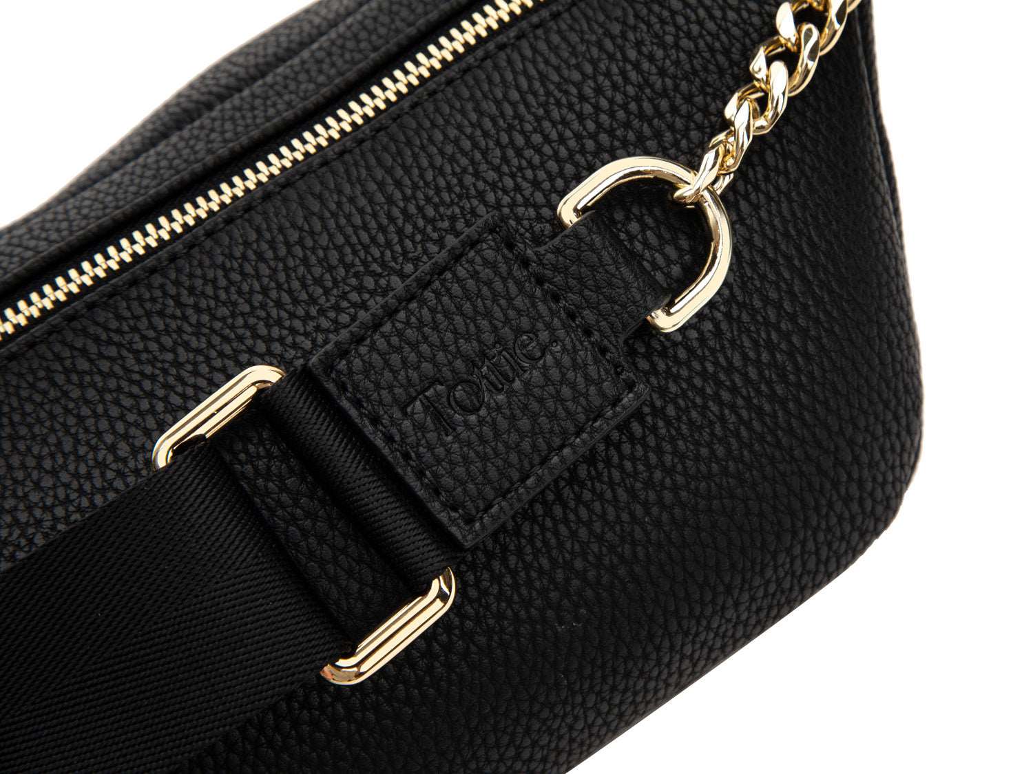 A Bum Bag in black leather with gold hardware on white background