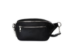 A Bum Bag in black leather with silver hardware on white background