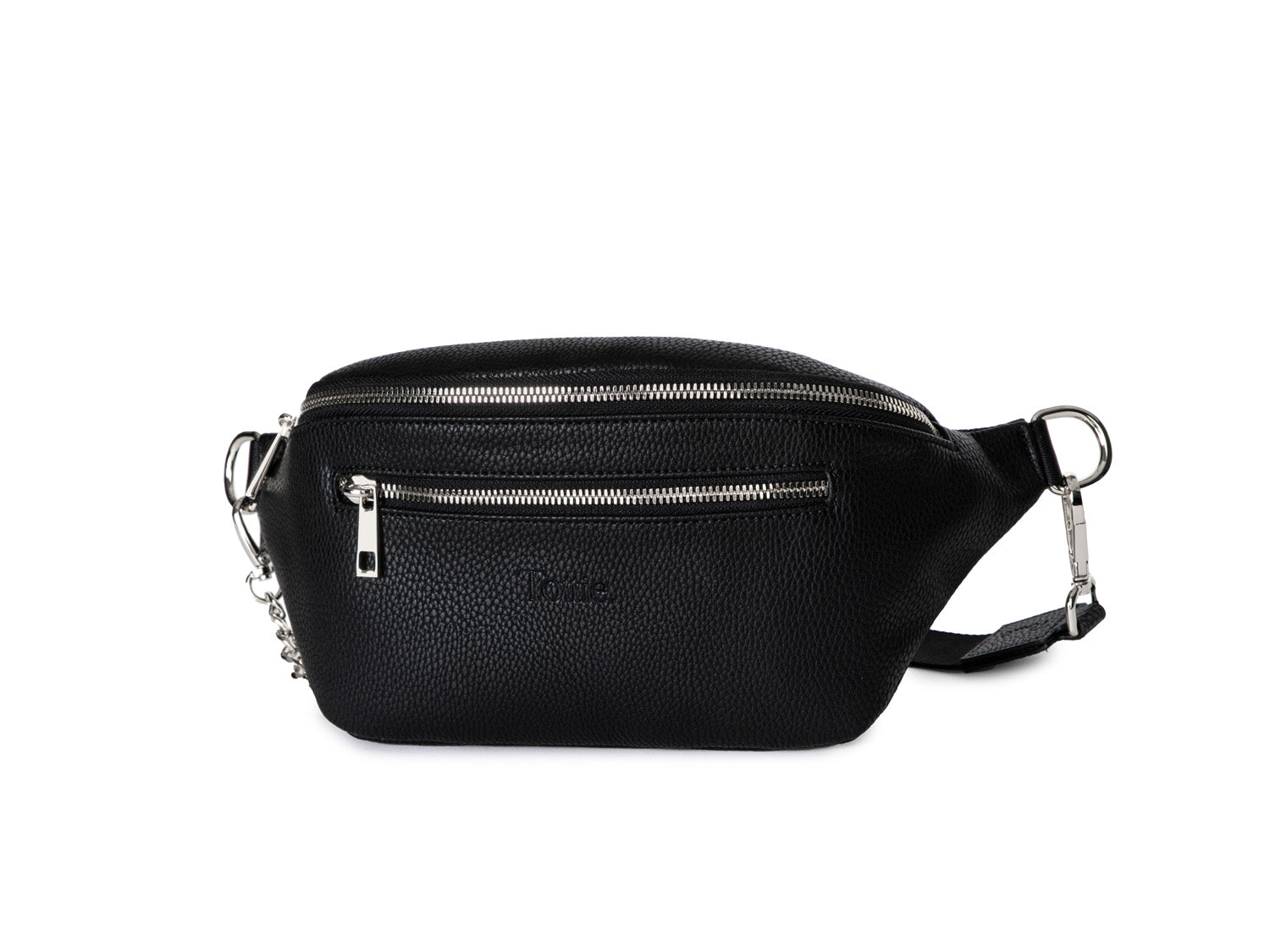 A Bum Bag in black leather with silver hardware on white background