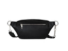 A Bum Bag in black leather with silver hardware on white background