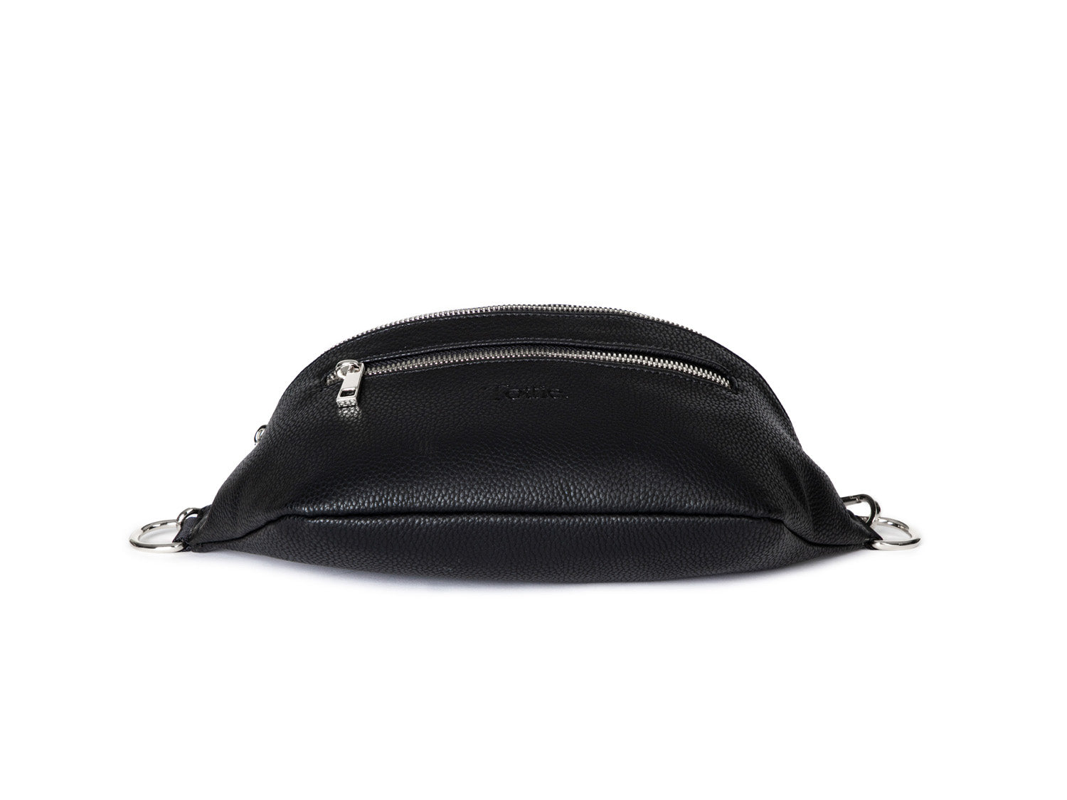 A Bum Bag in black leather with silver hardware on white background