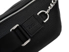 A Bum Bag in black leather with silver hardware on white background