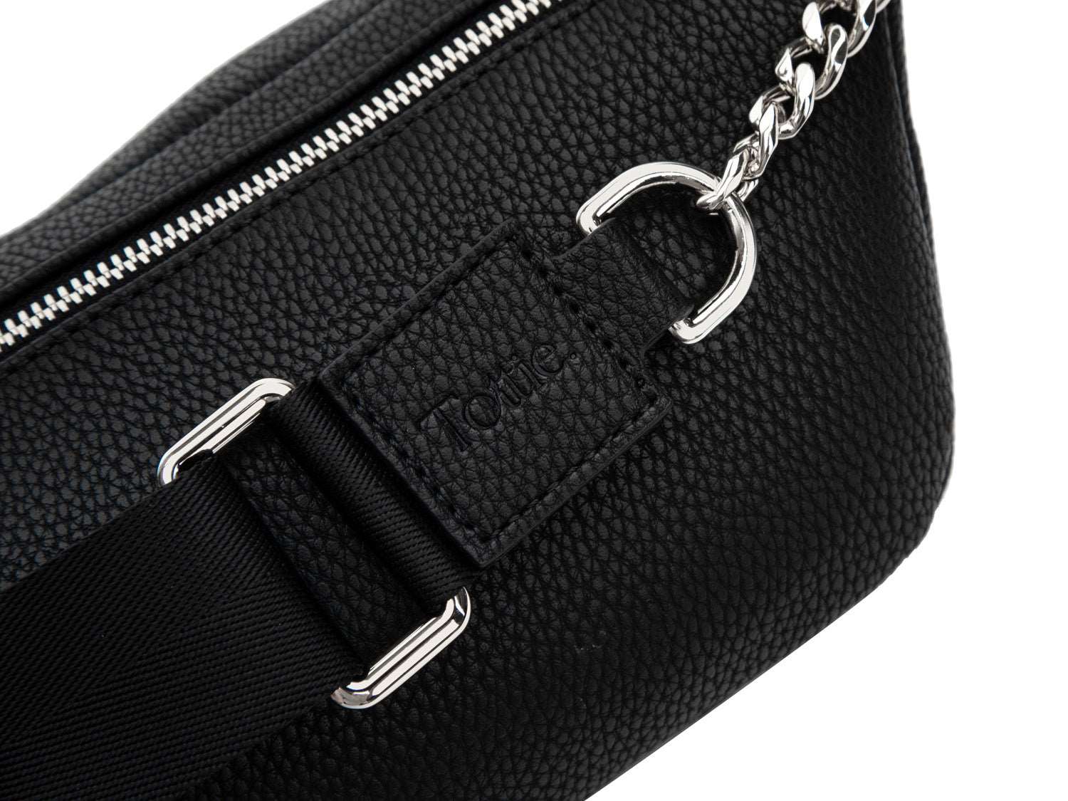 A Bum Bag in black leather with silver hardware on white background