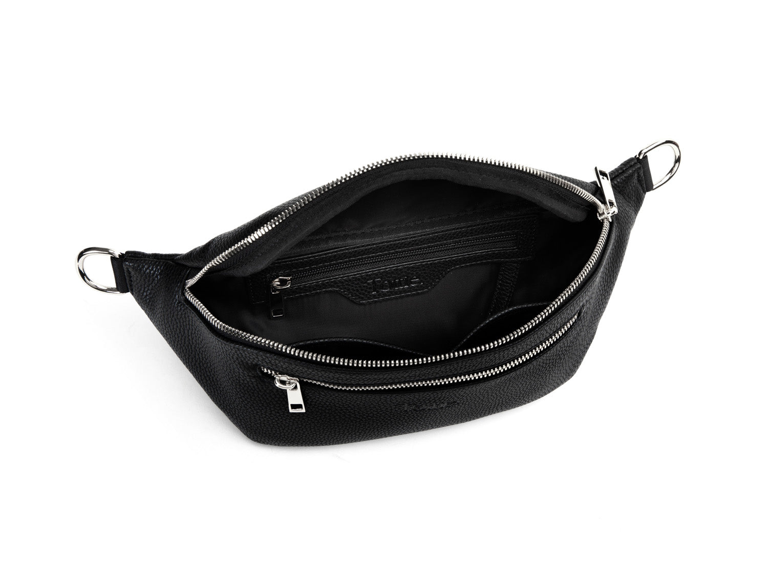unzipped black bum bag with silver hardware on white background