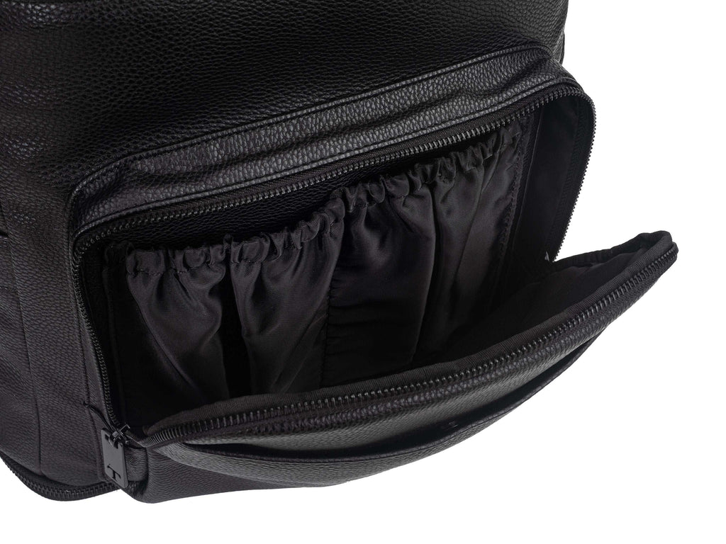 unzipped black backpack on white background