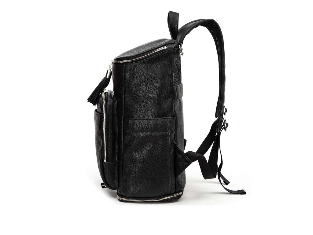 black backpack with silver hardware on white background
