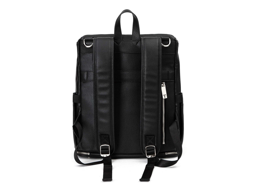 black backpack with silver hardware on white background