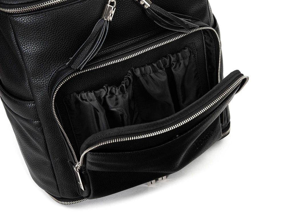 unzipped black backpack with silver hardware on white background
