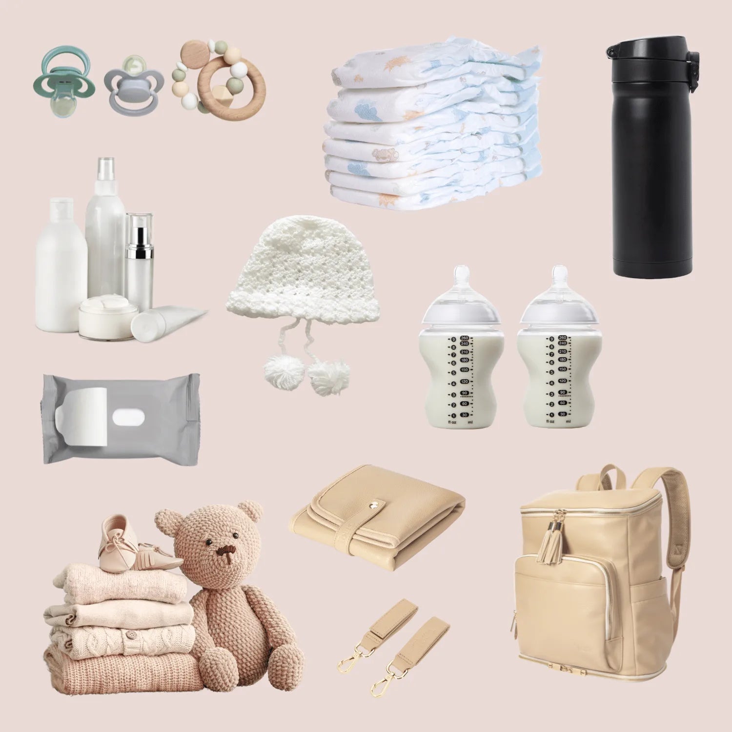 Stone nappy bag backpack filled with baby essentials: stone baby change mat, pram clips, toys, and other baby needs for organised parents.