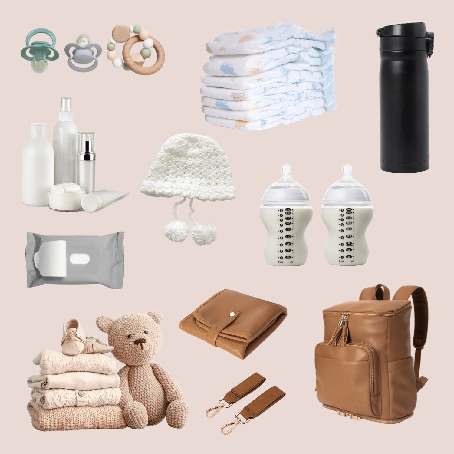 Close-up of tan nappy bag backpack with organised baby gear inside – including nappy change mat, pram clips, and toys for daily use