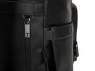 A black leather travel backpack with black zippers on white background