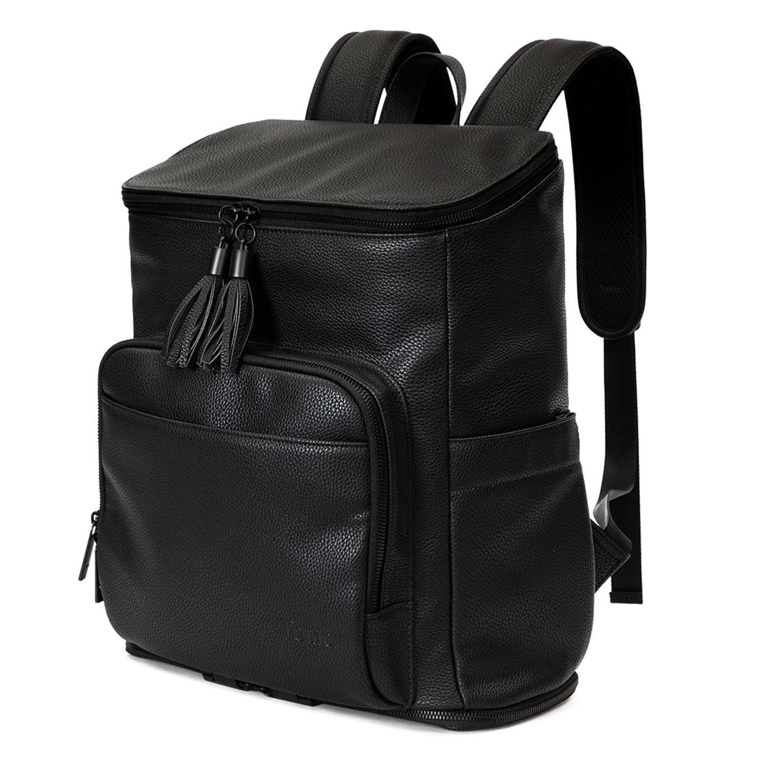 A black leather travel backpack with black zippers on white background