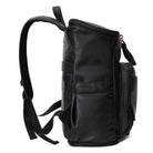 A black leather travel backpack with black zippers on white background