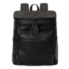A black leather travel backpack with black zippers on white background