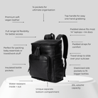 Black diaper backpack with features listed on a white background