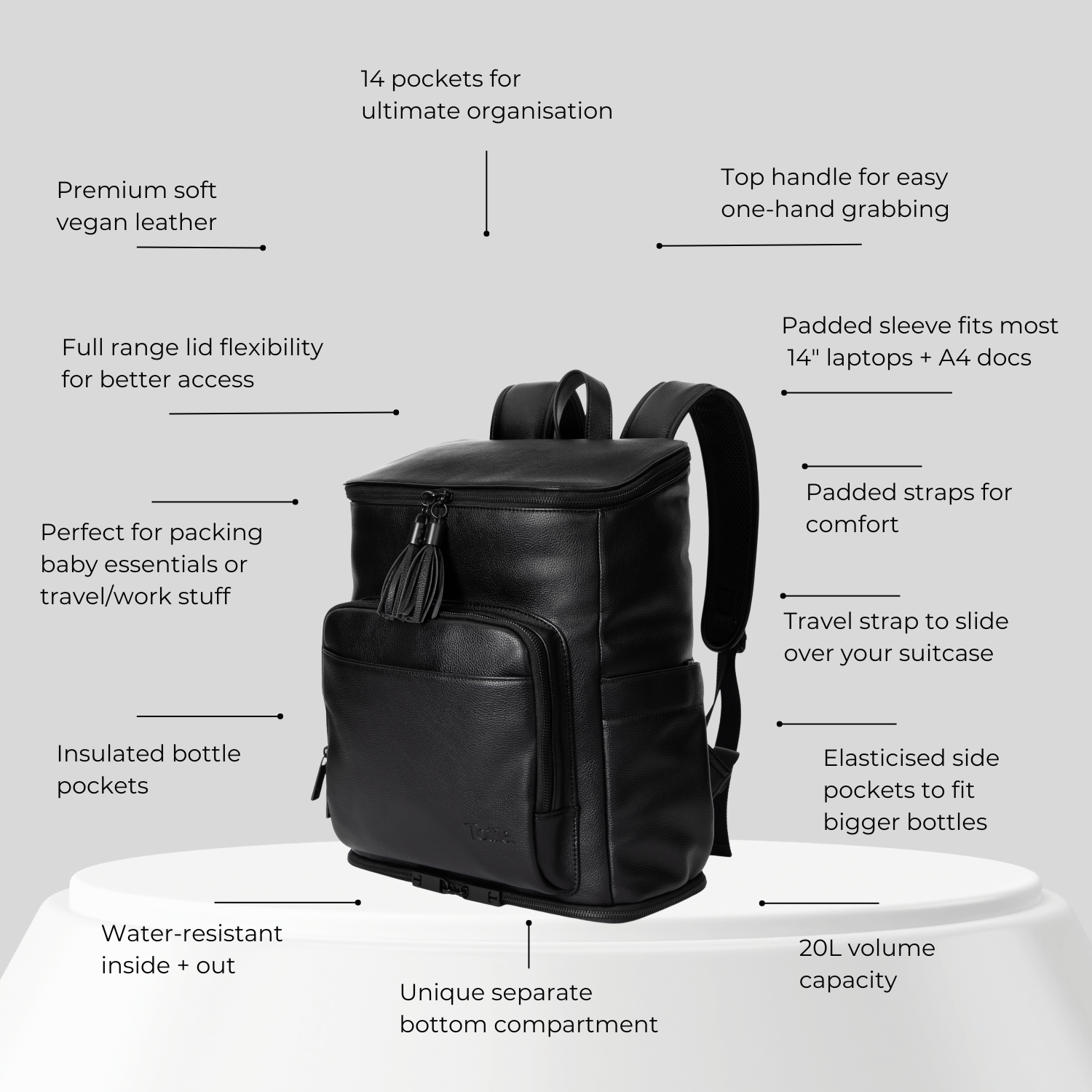 Black diaper backpack with features listed on a white background