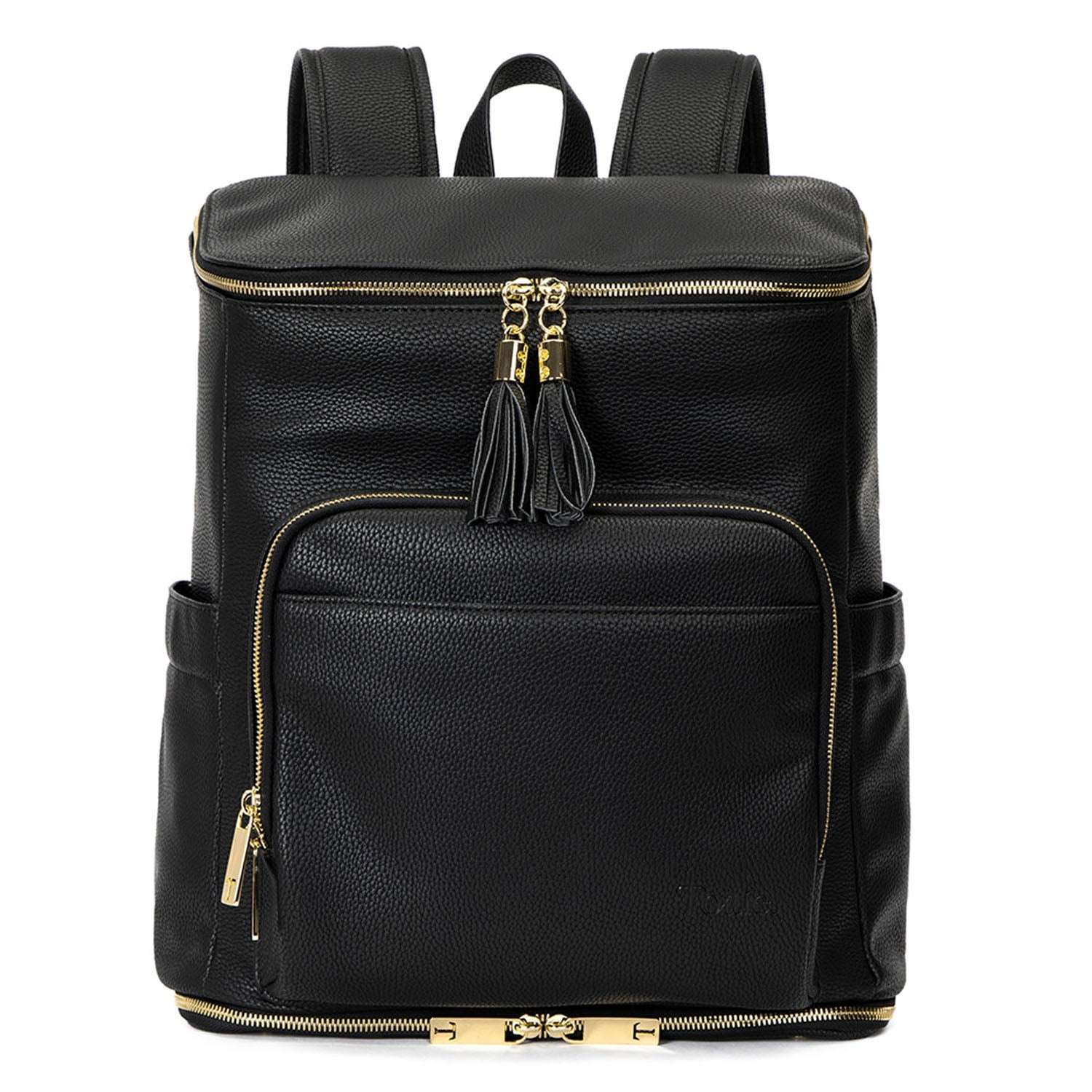 A black leather travel backpack with gold zippers on white background