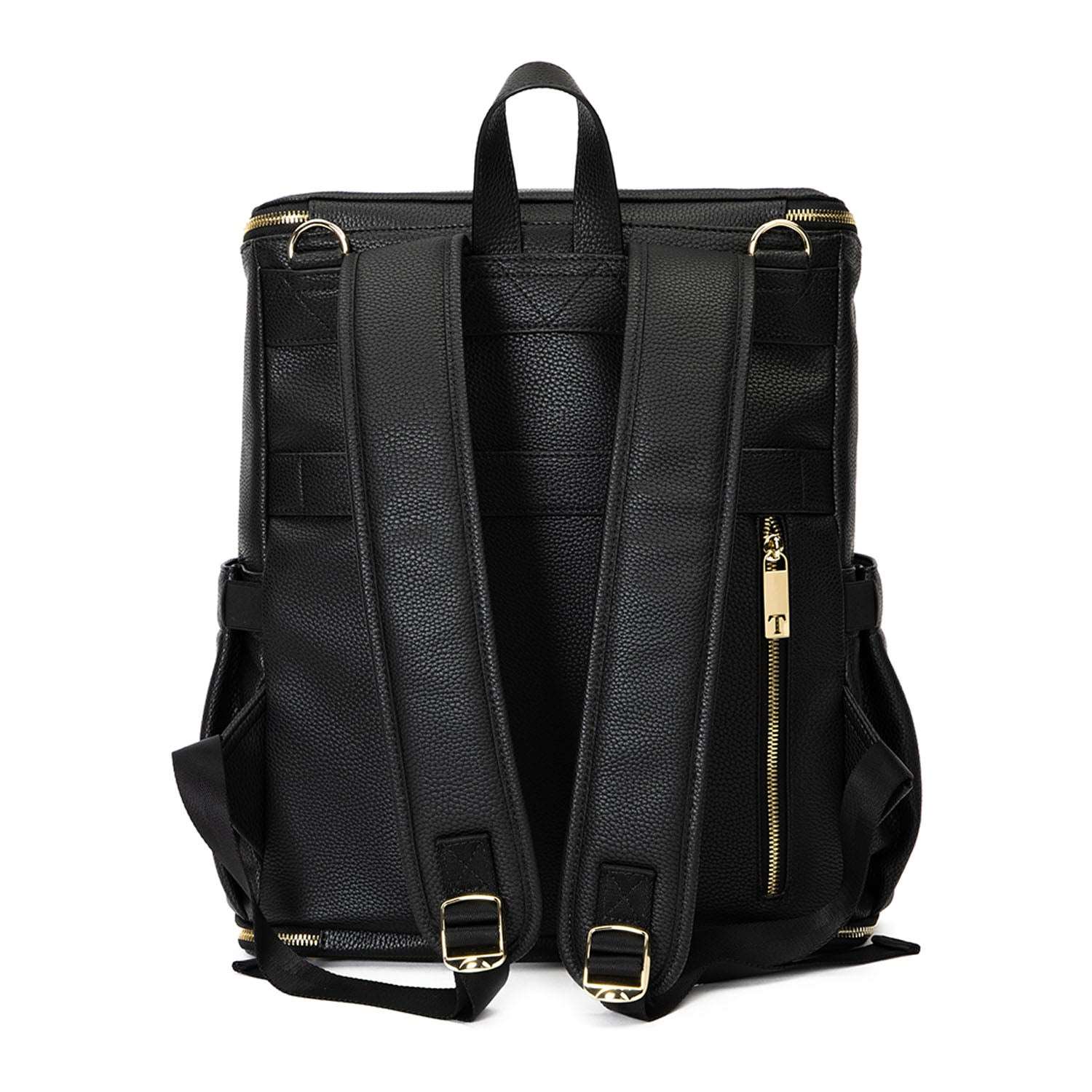 A black leather travel backpack with gold zippers on white background