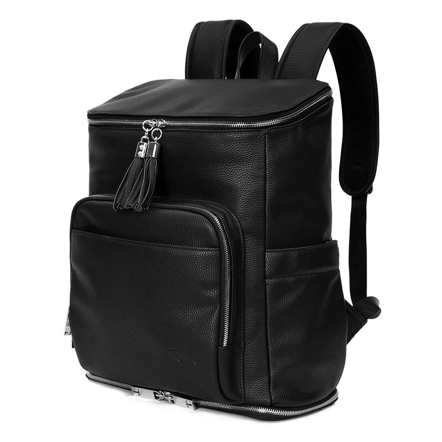 A black leather travel backpack with silver zippers on white background