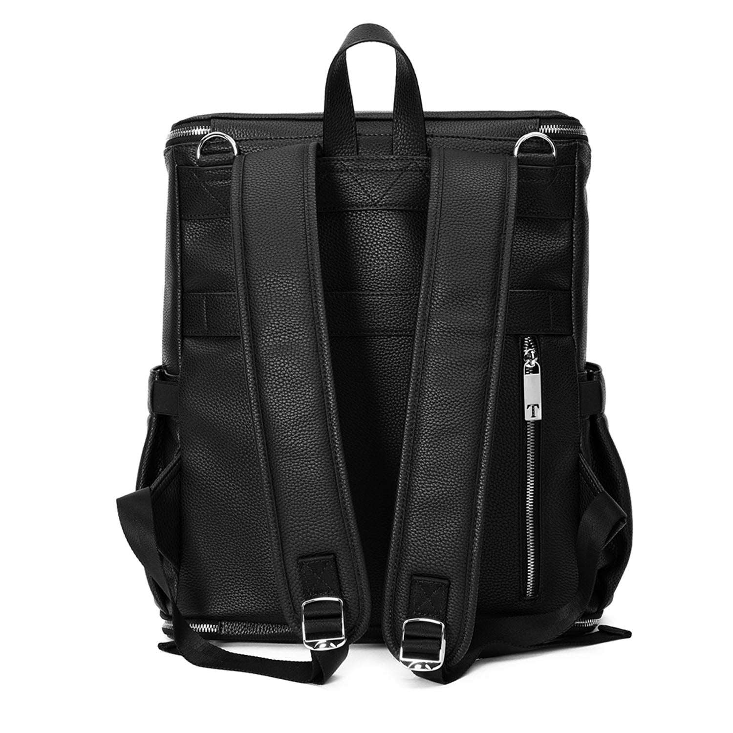 A black leather travel backpack with silver zippers on white background