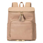 Front view of a stone leather nappy backpack with a gold zipper from Tottie