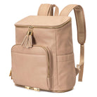 Slight side view of a stone leather nappy backpack with a gold zipper from Tottie