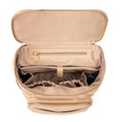 Top view of the unzipped main compartment of a stone leather nappy backpack with a gold zipper from Tottie.