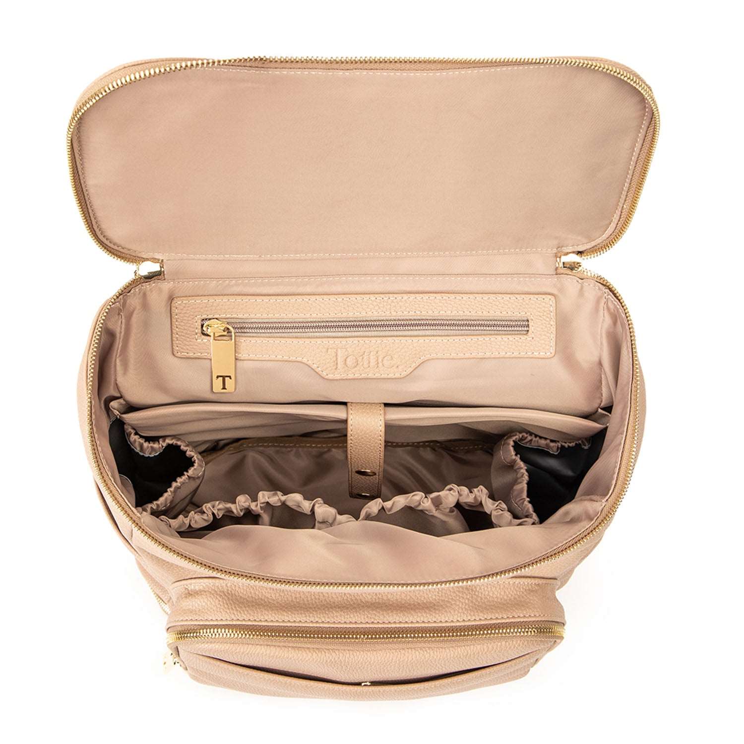 Top view of the unzipped main compartment of a stone leather nappy backpack with a gold zipper from Tottie.