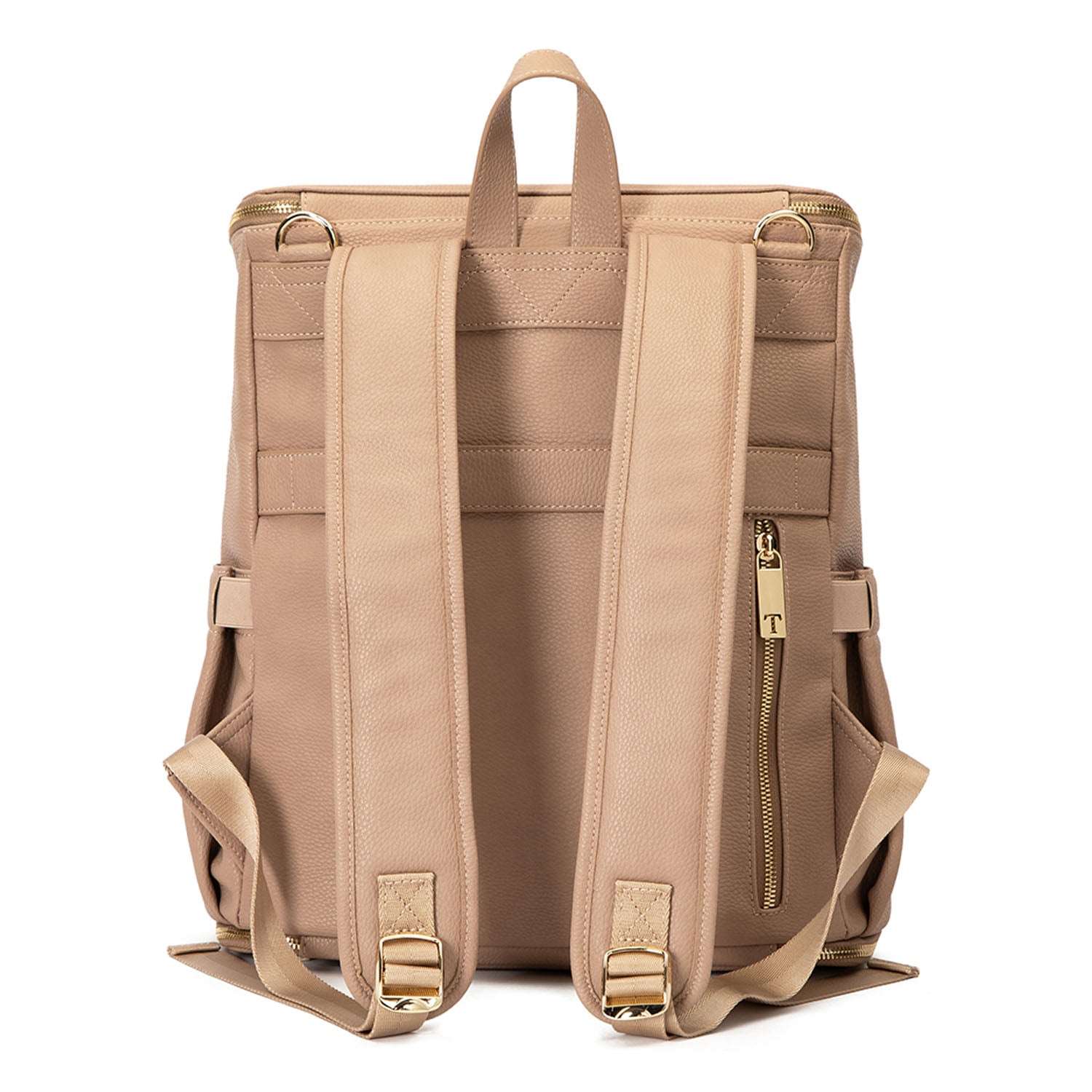 Back view of a stone leather nappy backpack with a gold zipper from Tottie