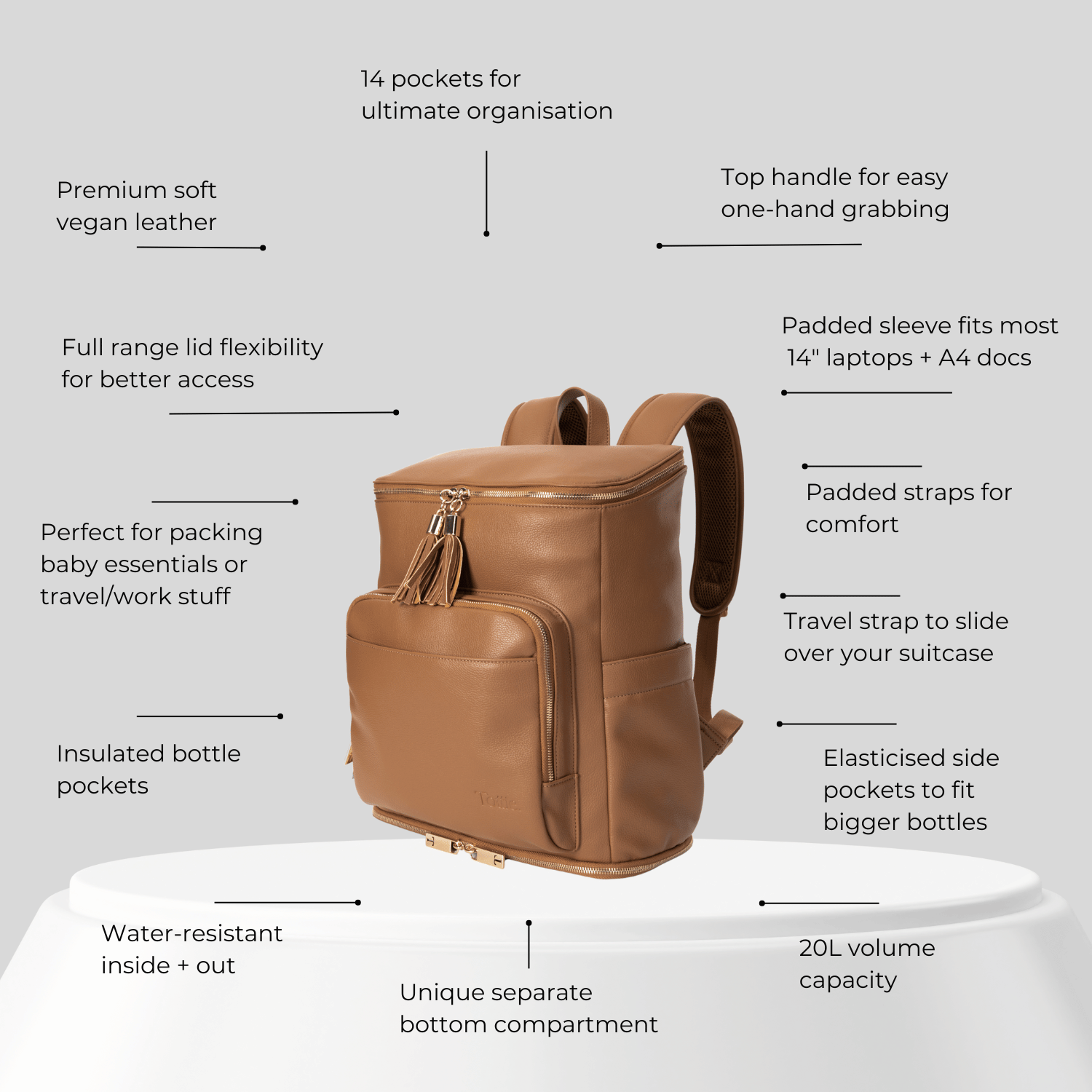 Brown leather nappy backpack with features listed on a white background