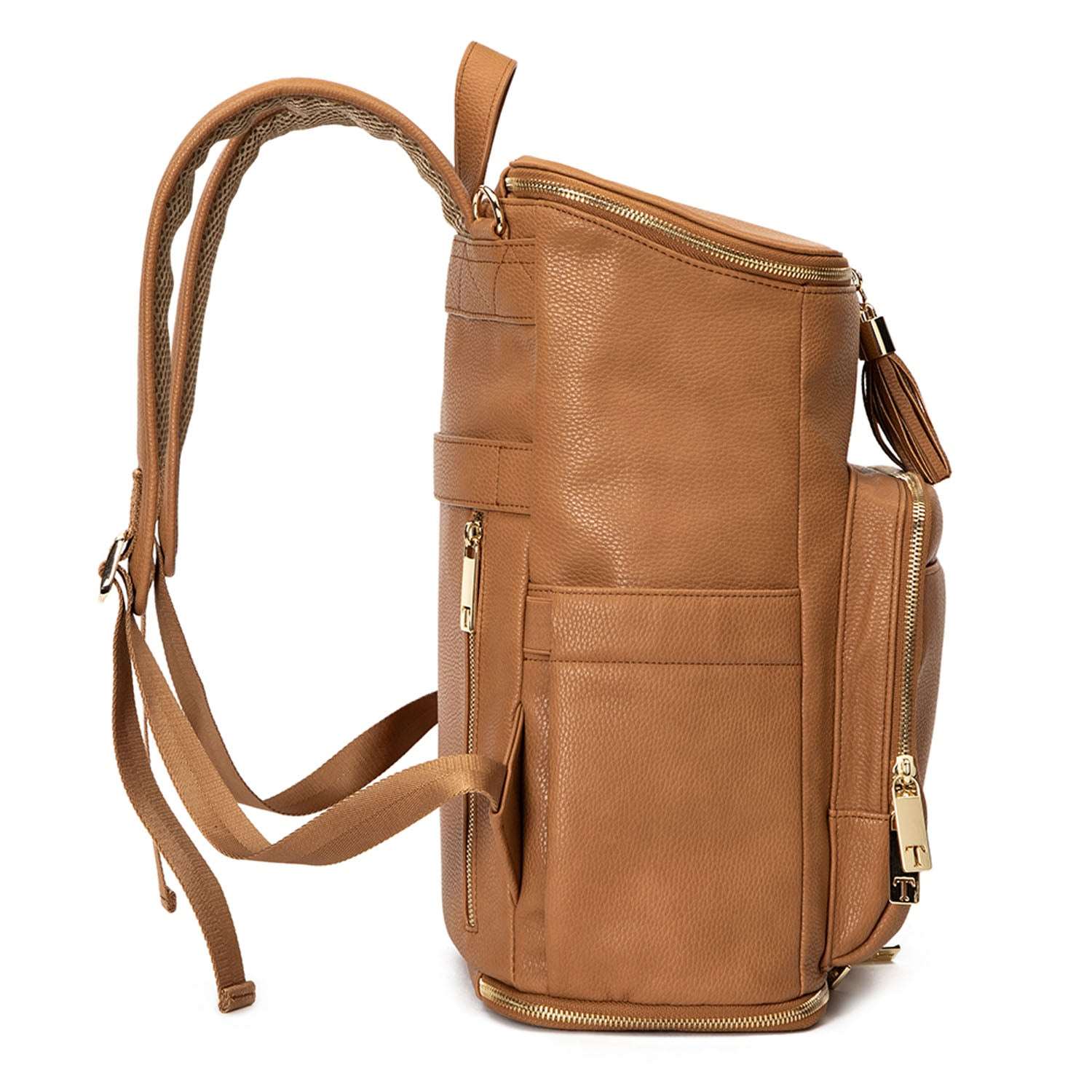 Side view of a tan leather nappy backpack with a gold zipper from Tottie