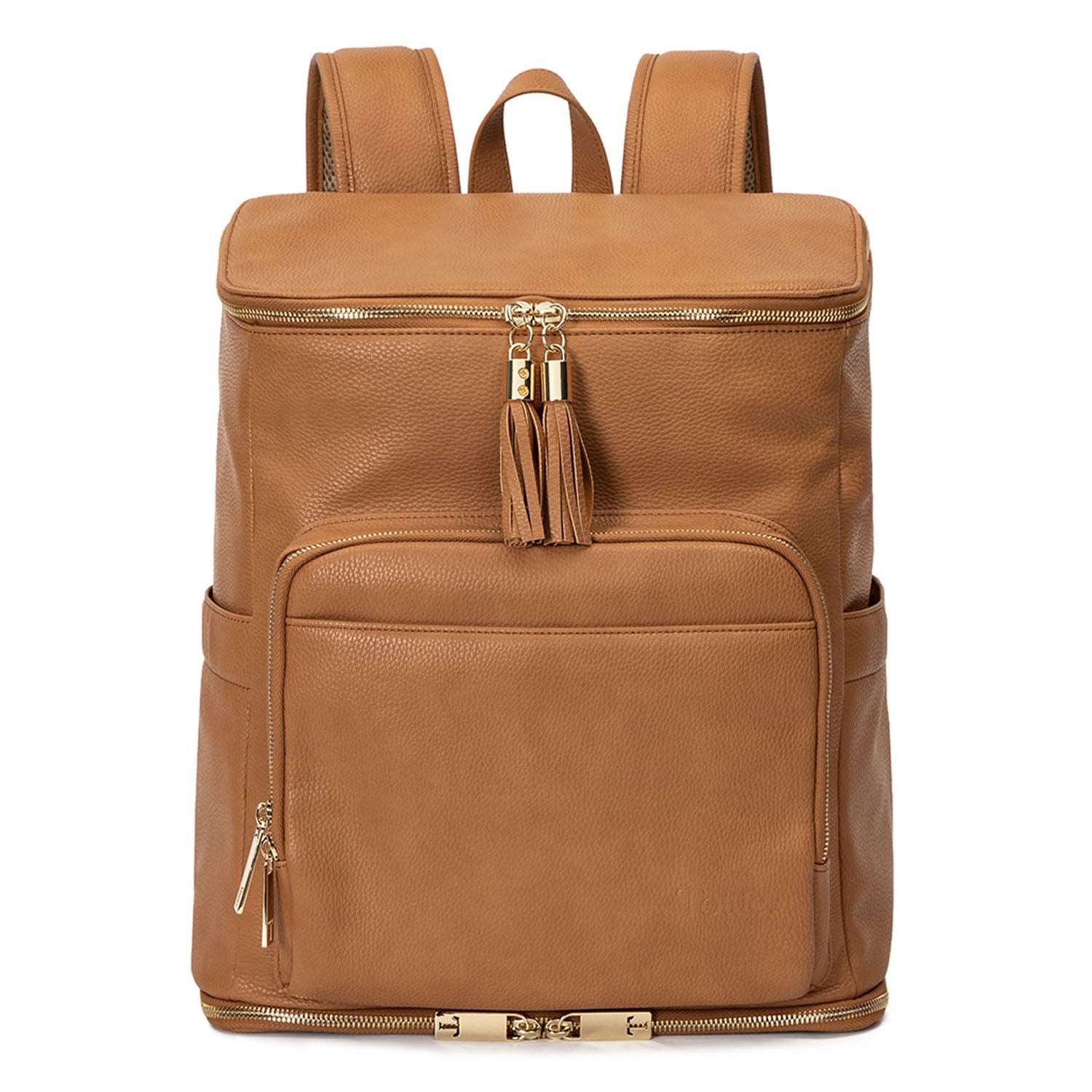 Front view of a tan leather nappy backpack with a gold zipper from Tottie.