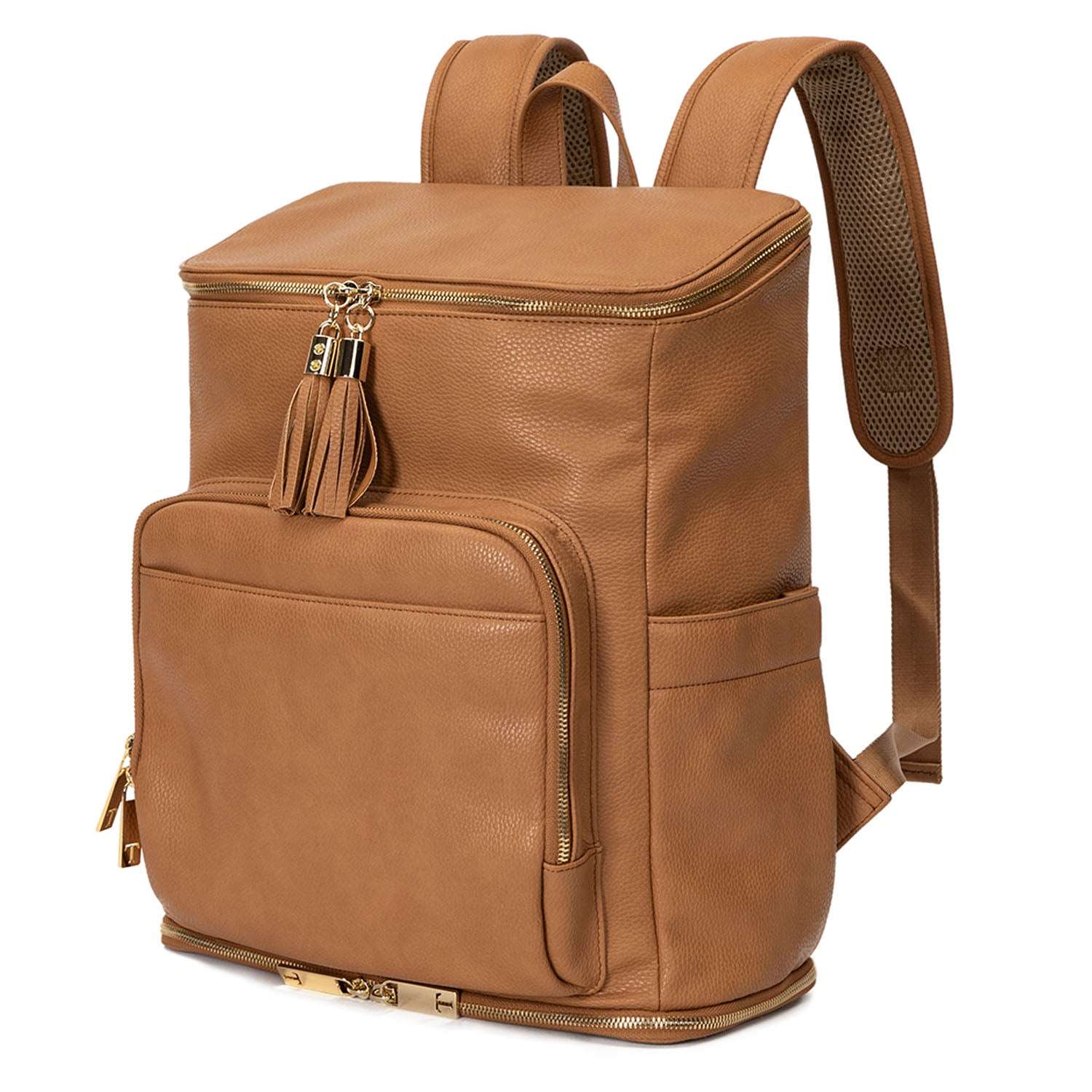 Slight side view of a tan leather nappy backpack with a gold zipper from Tottie.