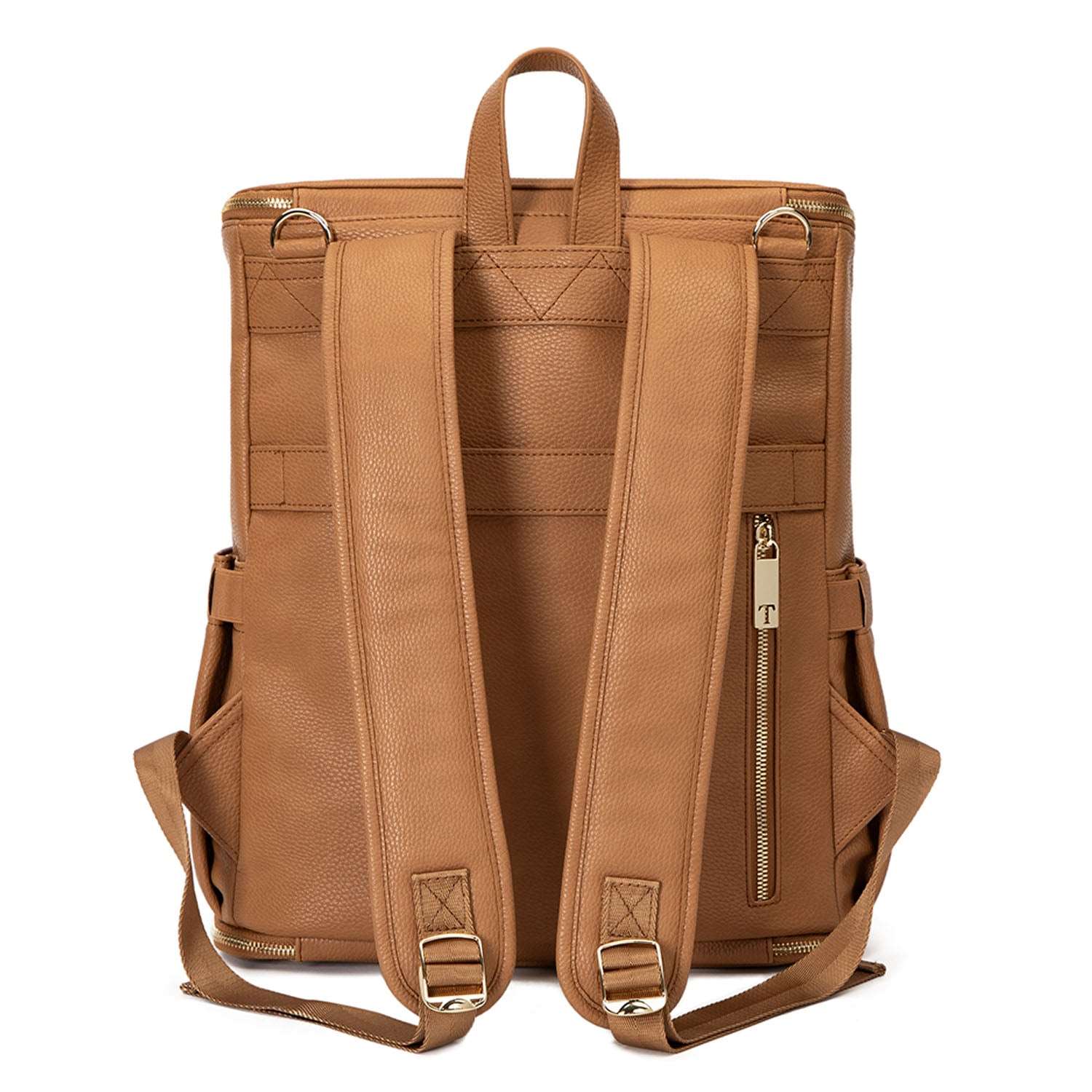 Back view of a tan leather nappy backpack with a gold zipper from Tottie