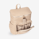 Beige diaper bag backpack with open front compartment on a white background