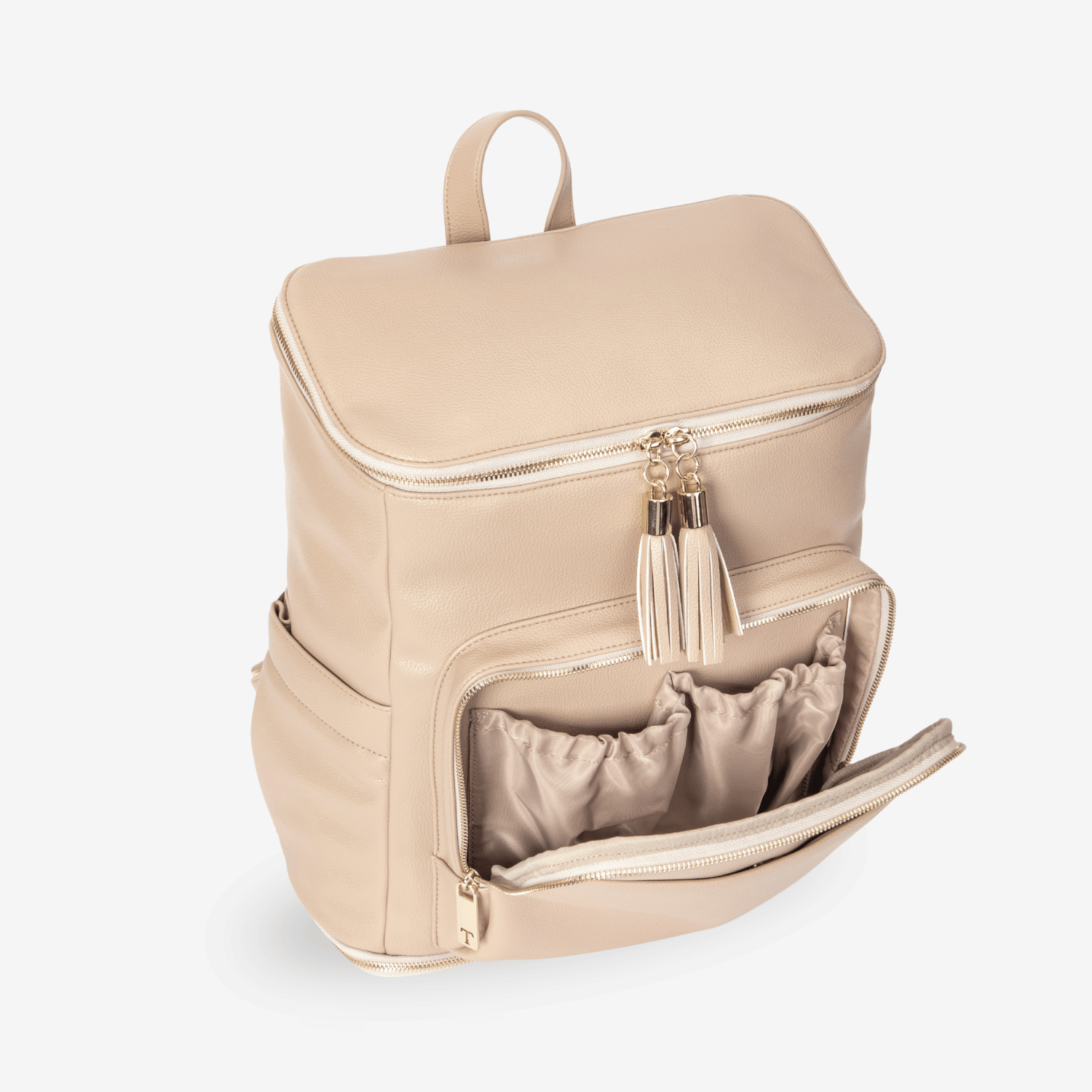 Beige diaper bag backpack with open front compartment on a white background