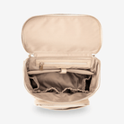 Beige nappy bag with ruffled elastic pockets on a white background