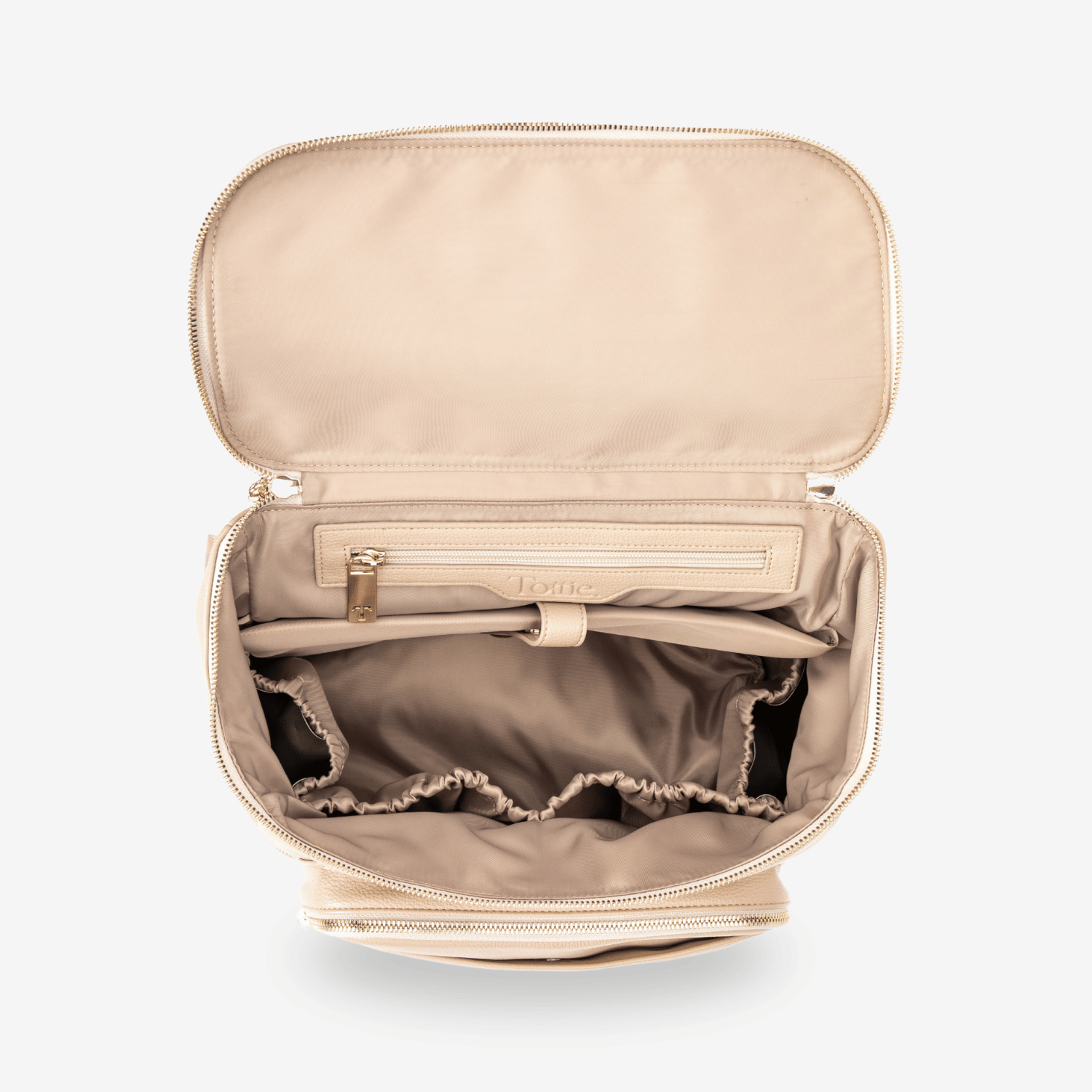 Beige nappy bag with ruffled elastic pockets on a white background