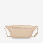 Beige waist bag with gold chain on a white background