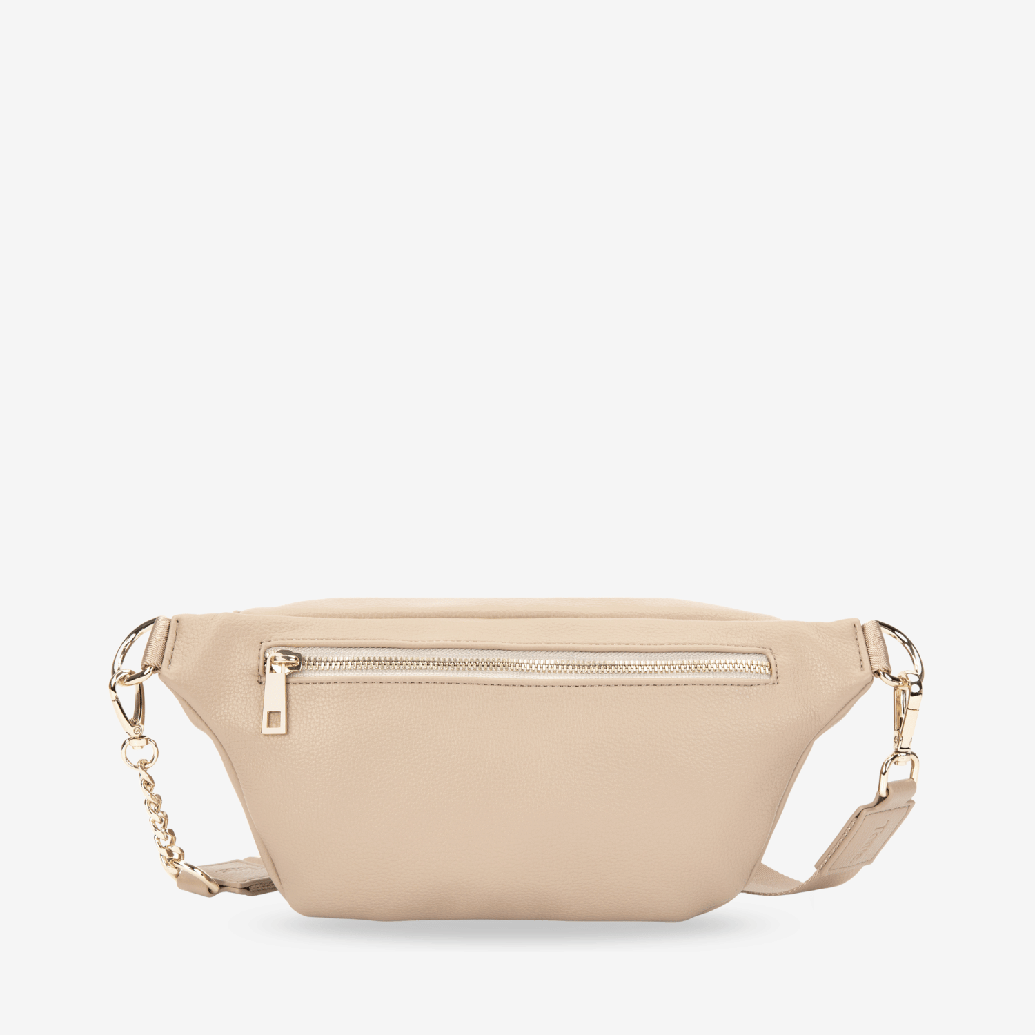 Beige waist bag with gold chain on a white background