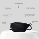 Black bum bag with features listed on a gray background