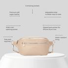 Beige bum bag with features listed on a gray background