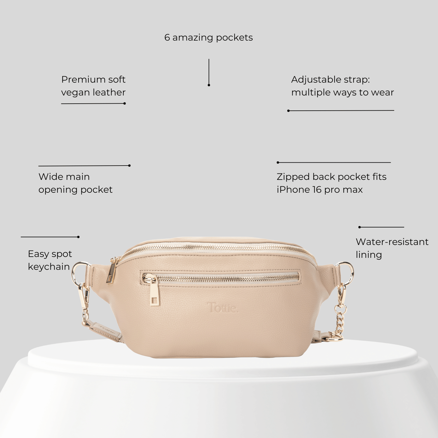 Beige bum bag with features listed on a gray background