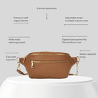 Brown leather waist bag with features listed on a gray background