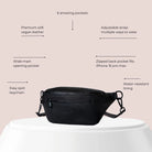 Black bum bag benefits diagram highlighting versatility as a belt bag and waist bag.