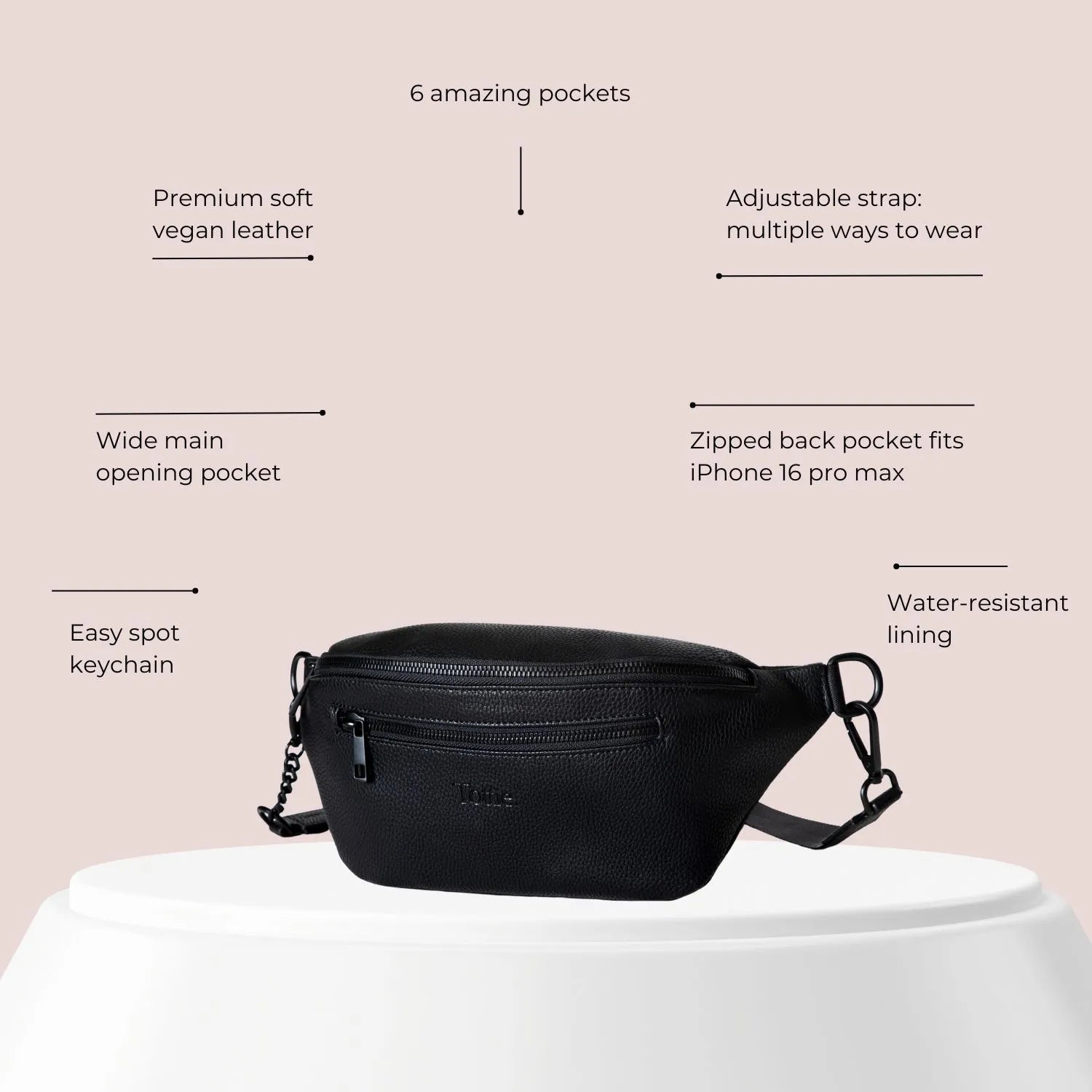 Black bum bag benefits diagram highlighting versatility as a belt bag and waist bag.