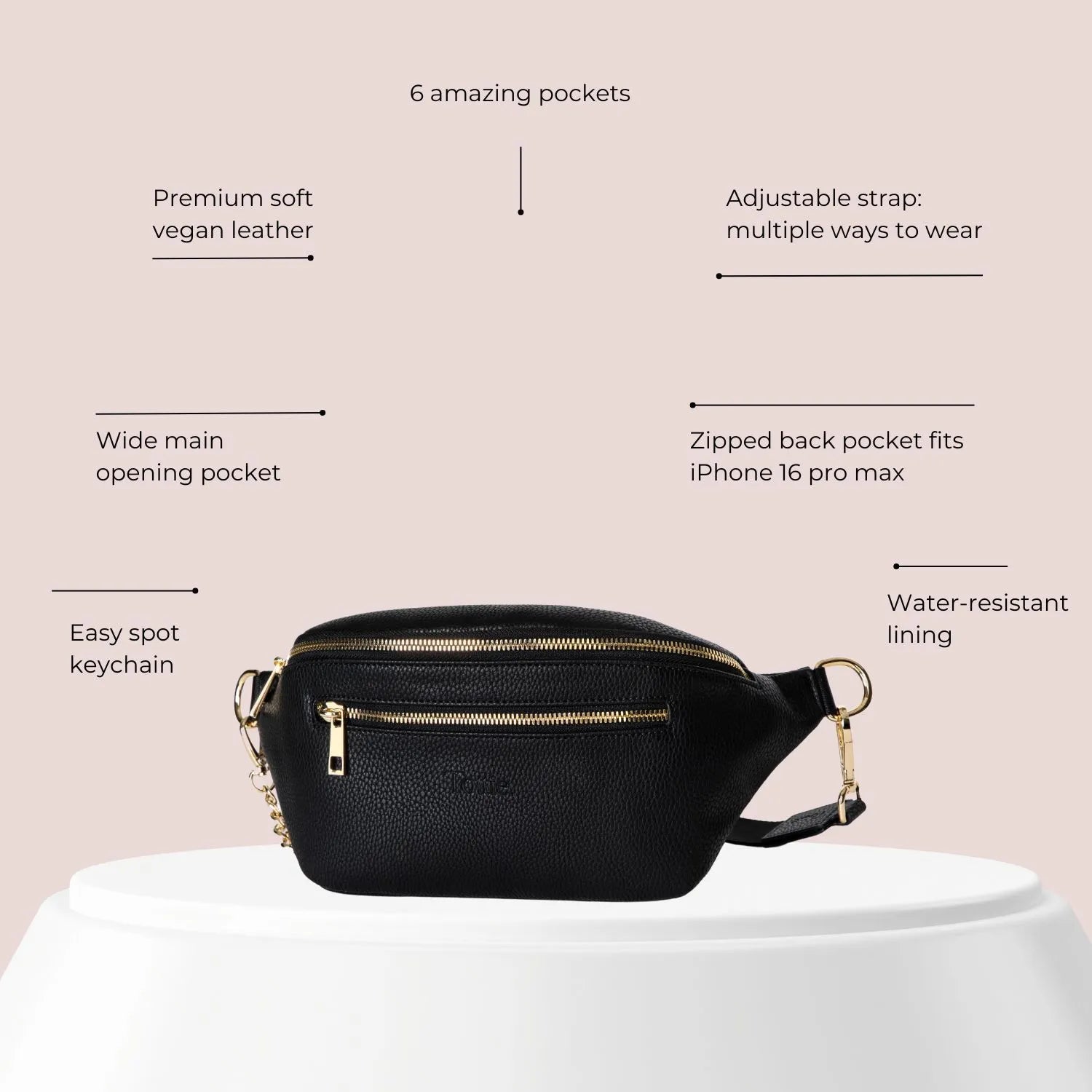 Diagram showing features of a vegan leather black bum bag with gold hardware, wearable as a belt bag or waist bag.