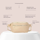 Stone colour bum bag with gold hardware in diagram of features – made from vegan leather, worn as belt bag or waist bag.