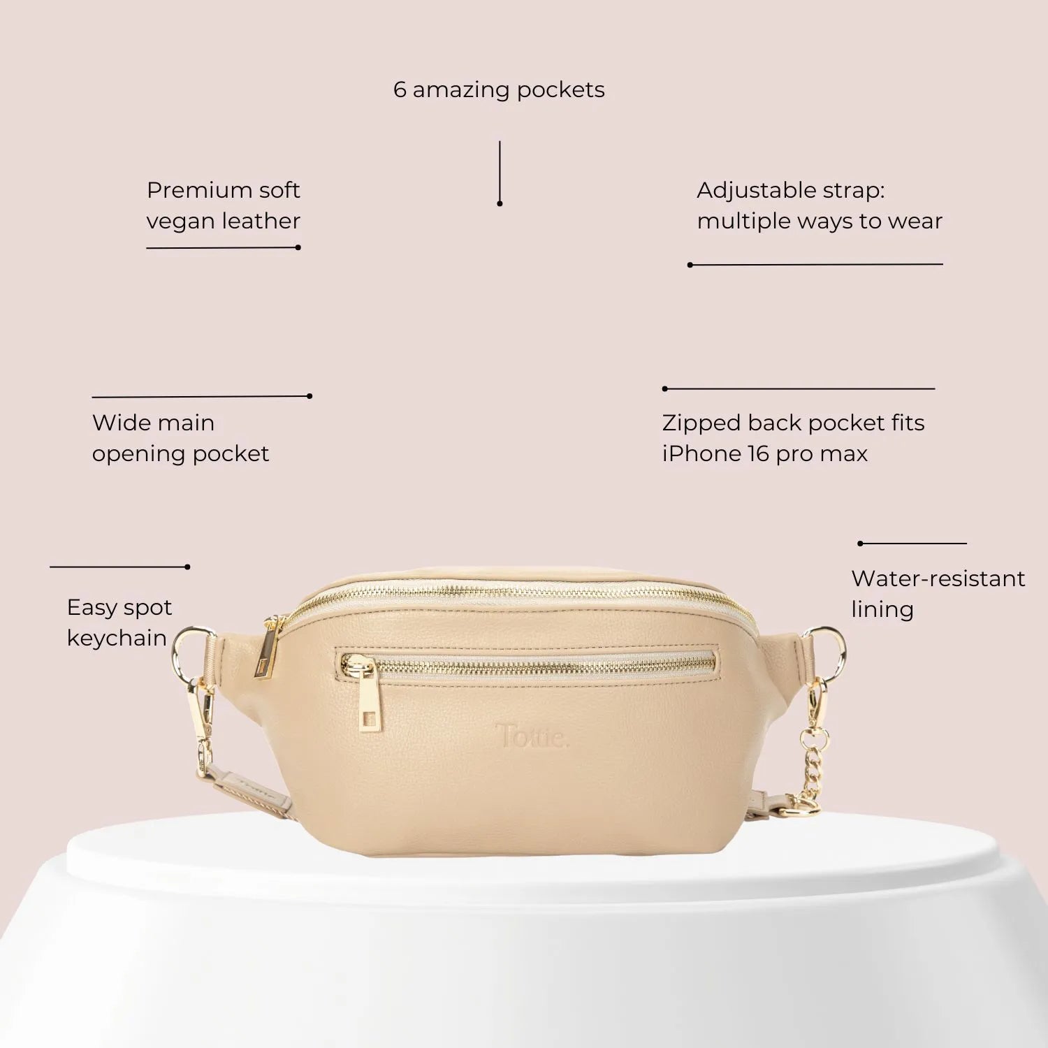 Stone colour bum bag with gold hardware in diagram of features – made from vegan leather, worn as belt bag or waist bag.