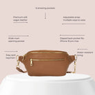 Feature diagram of a tan bum bag with gold hardware made from vegan leather – convertible to waist or belt bag.